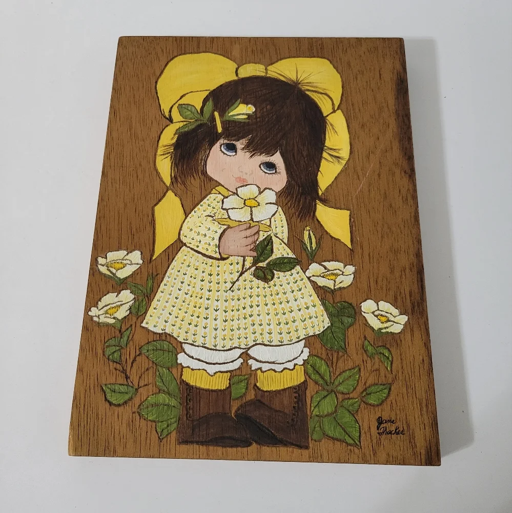 Vintage Handpainted Wooden Plaque Girl With Flowers Brown Yellow